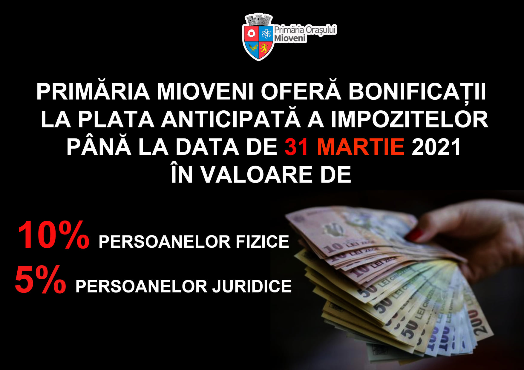 31 MARTIE – TERMEN LIMITĂ PENTRU PLATA IMPOZITELOR CU BONIFICAȚIA DE 10%! 