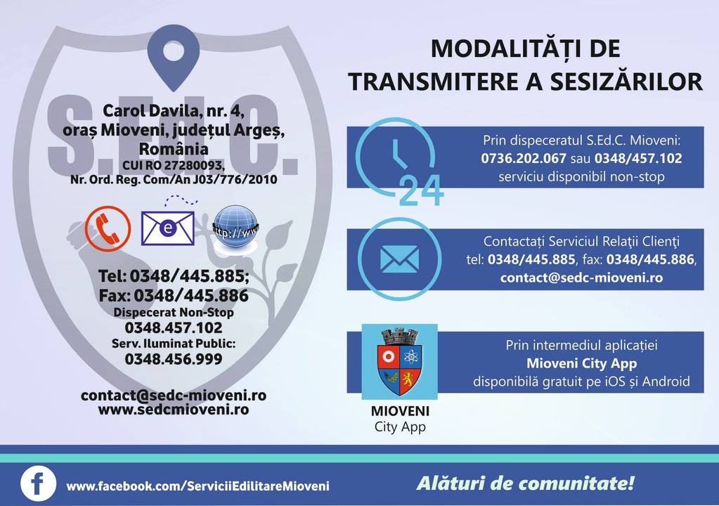 SC Servicii Edilitare pentru Comunitate Mioveni SRL, anunța că astăzi, 27.03.2019, timp de aproximativ 2 ore